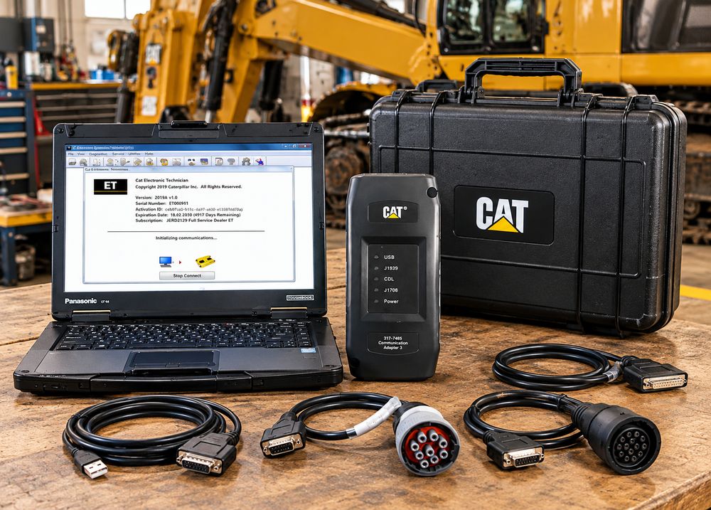 CAT Communication Adapter III 317-7485 diagnostic tool with USB and equipment cables