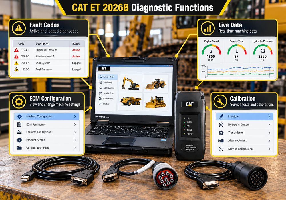 CAT ET 2026B diagnostic functions including fault codes, live data and ECM configuration