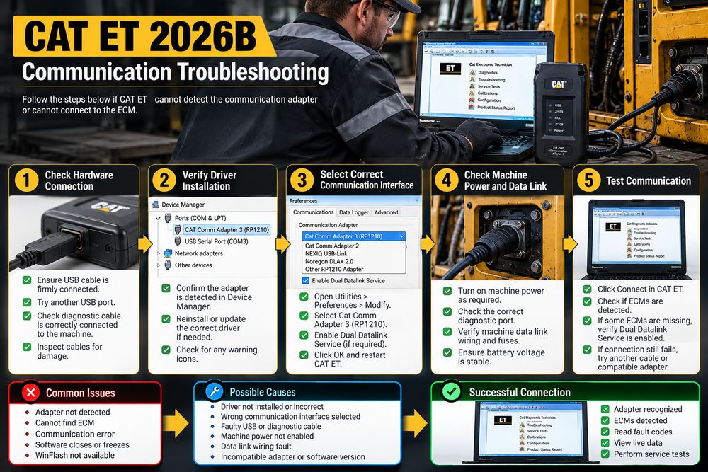 CAT ET diagnostic communication troubleshooting workflow for USB, drivers and ECM connection
