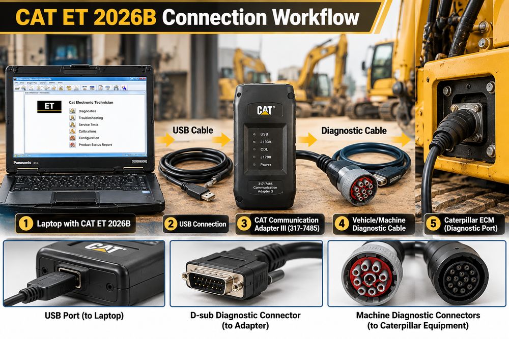 CAT ET3 diagnostic connection diagram showing laptop, USB cable, communication adapter and ECM