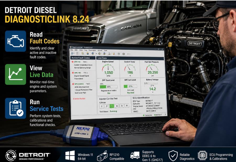 Detroit DiagnosticLink fault codes live data and service test functions
