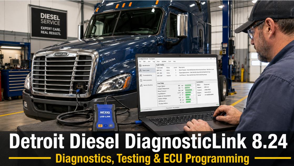 Detroit Diesel DiagnosticLink 8.24 diagnosing a Freightliner Cascadia truck