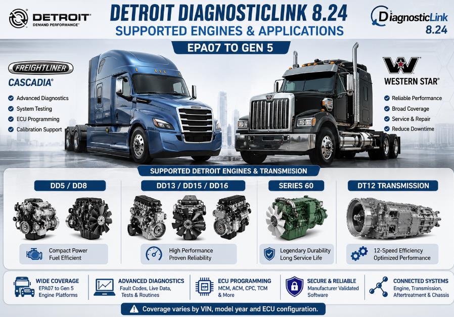 Detroit DiagnosticLink 8.24 supported engines and Freightliner truck applications