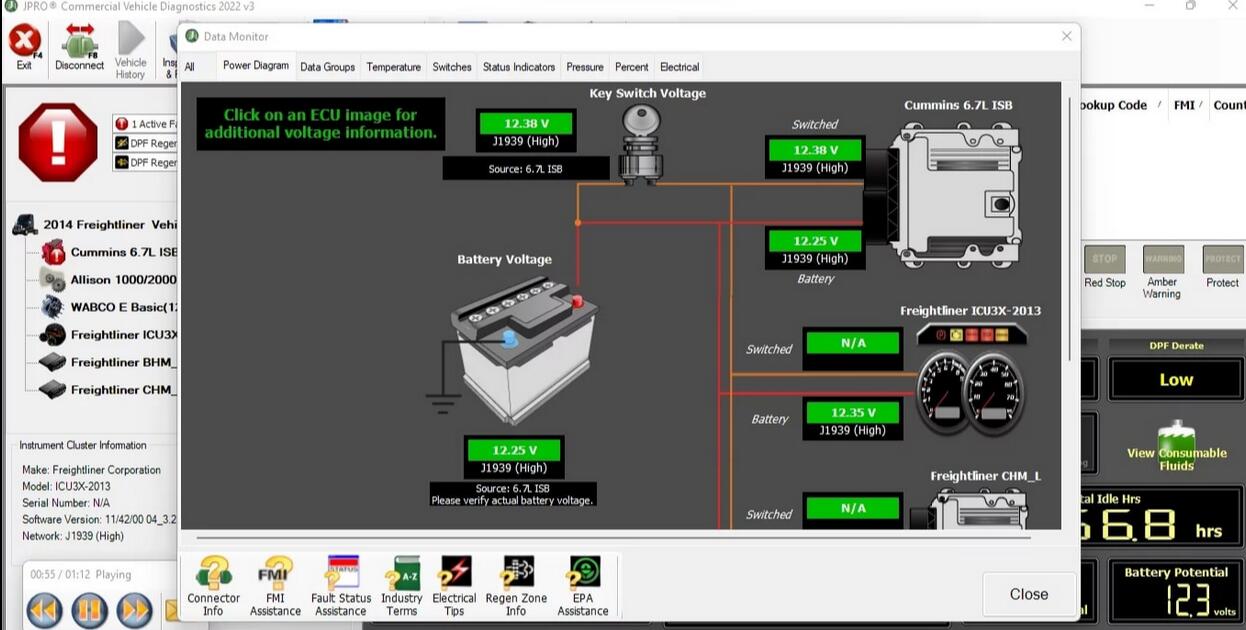 JPRO 2025 V3 CTIS pressure test screen showing tire inflation and deflation data from the Pneumatic Control Unit