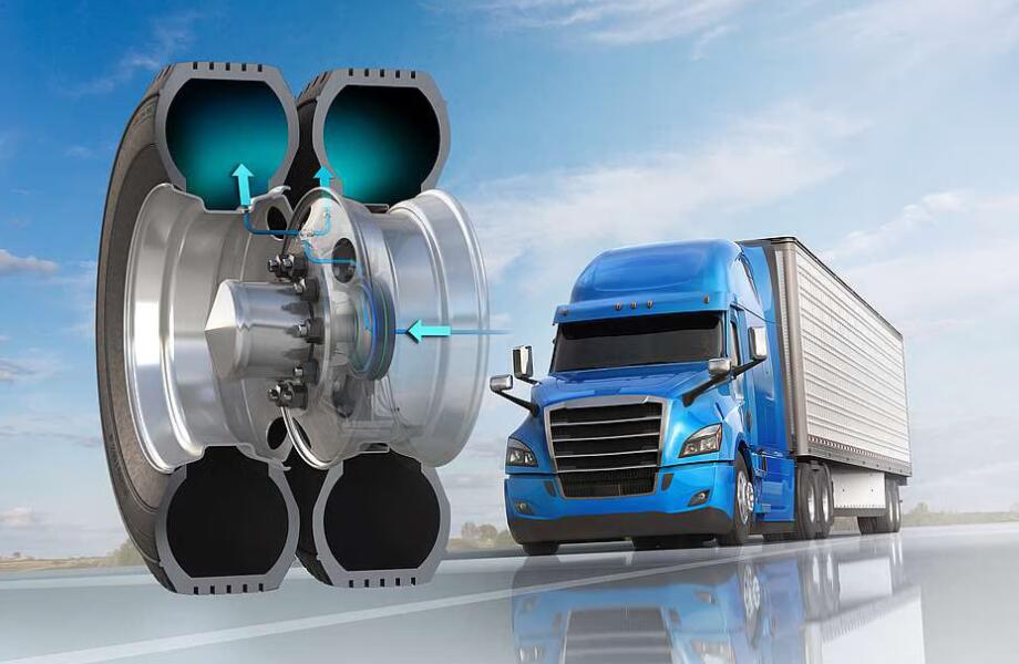 Technician performing CTIS pressure testing on heavy duty truck tires using central tire inflation system