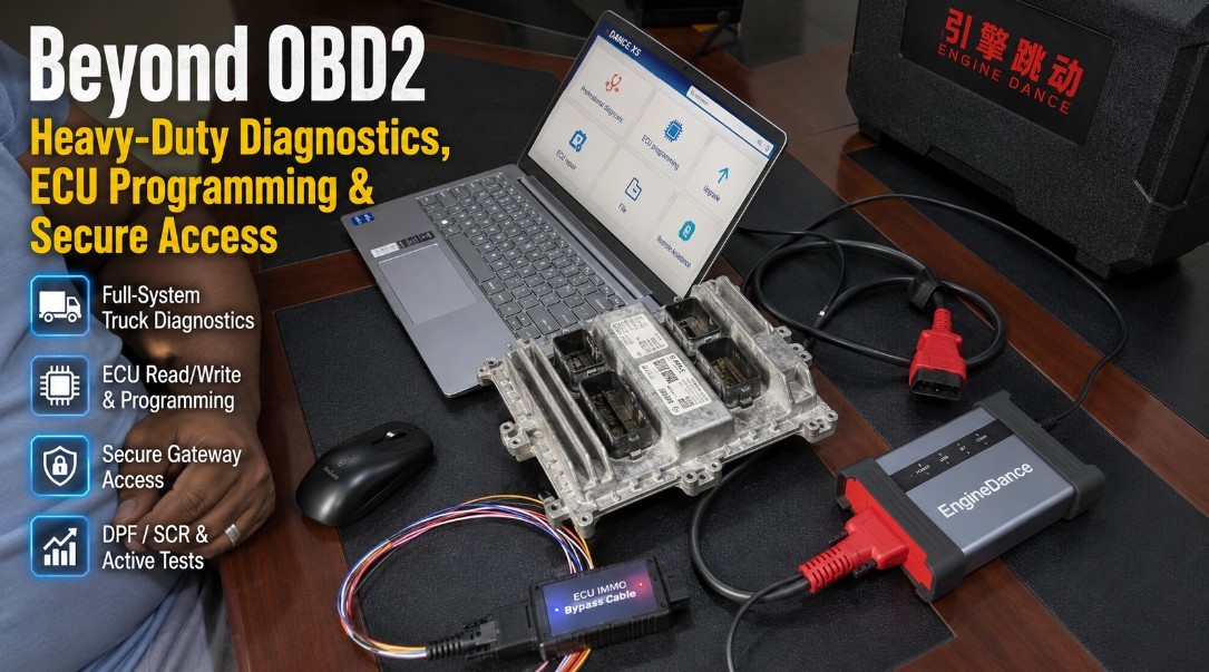 Technician using a heavy-duty diagnostic and ECU programming tool on a commercial truck
