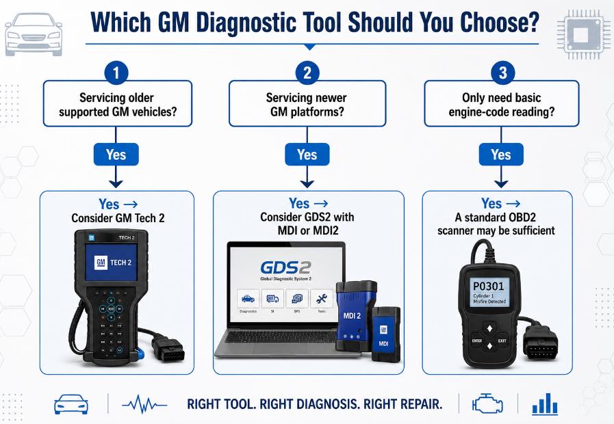 Decision chart comparing GM Tech 2 GDS2 MDI2 and standard OBD2 scanners