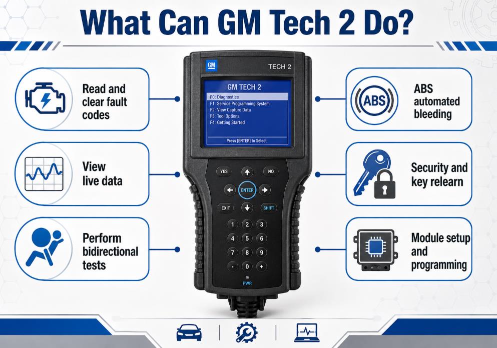 GM Tech 2 scanner diagnostic functions infographic