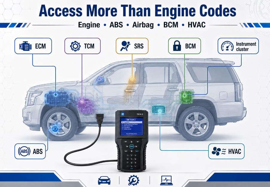 GM Tech 2 accessing engine ABS airbag BCM and HVAC modules