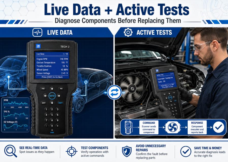 GM Tech 2 displaying live data and performing bidirectional tests