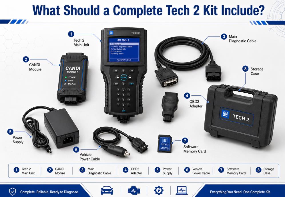Complete GM Tech 2 diagnostic kit with CANDI cables adapters and memory card