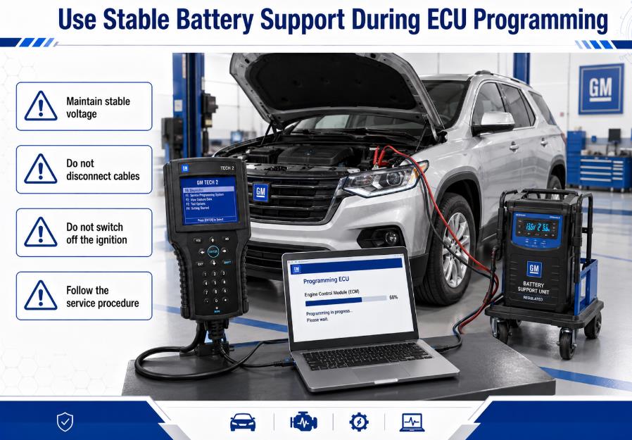 GM Tech 2 ECU programming with regulated vehicle battery support