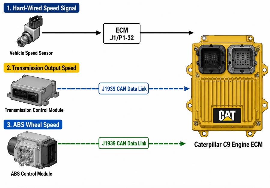 Caterpillar C9 ECM vehicle speed signal sources including sensor transmission and ABS