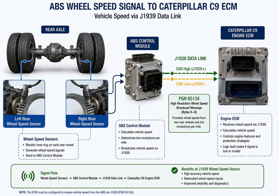 ABS rear wheel speed signal sent to Caterpillar C9 ECM through J1939
