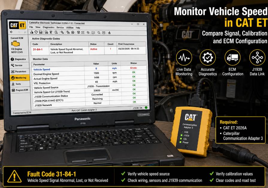 CAT ET vehicle speed parameters for Caterpillar C9 fault code 31-84-1