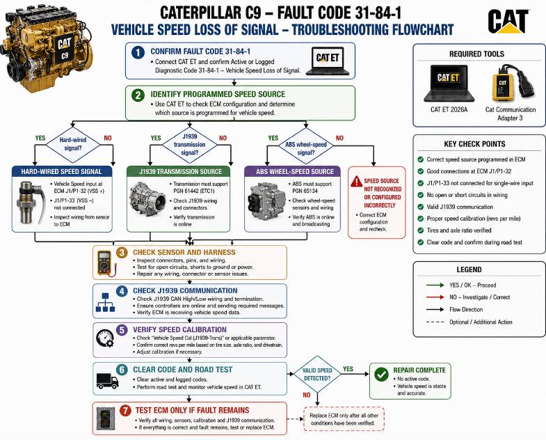 Caterpillar C9 fault code 31-84-1 diagnostic troubleshooting flowchart