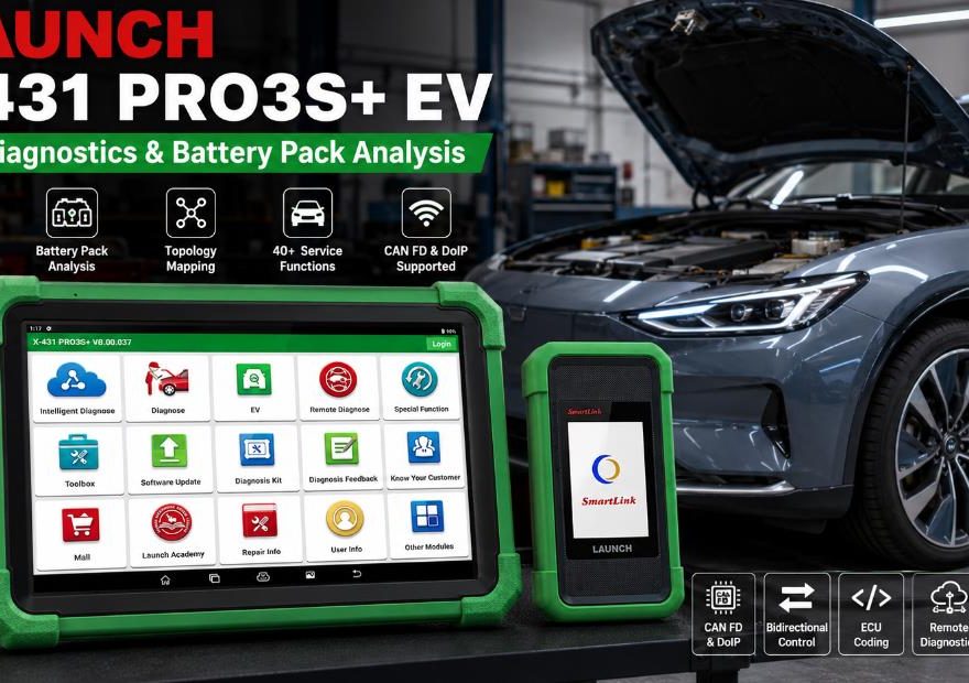 AUNCH X431 PRO3S Plus EV diagnostic scanner connected to an electric vehicle