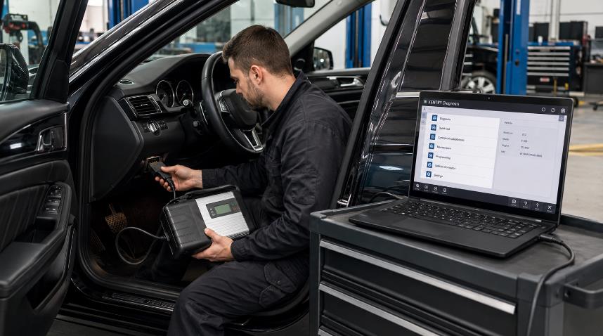 Technician using MB STAR C5 DoIP diagnostic tool on Mercedes-Benz vehicle