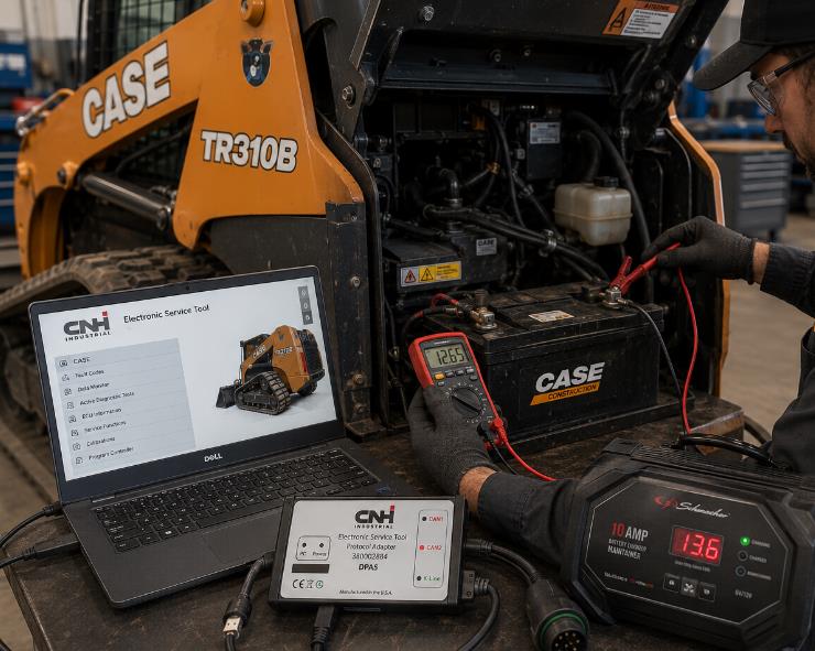battery maintainer connected before CASE TR310B ECU programming and firmware update