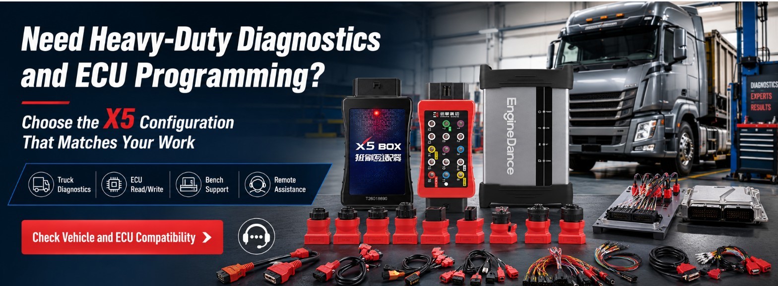EngineDance X5 truck diagnostic and ECU programming product compatibility banner