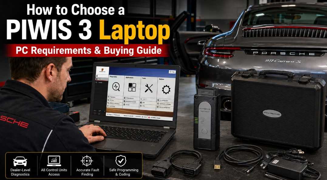 Technician using a PIWIS 3 laptop and Porsche diagnostic interface in a workshop