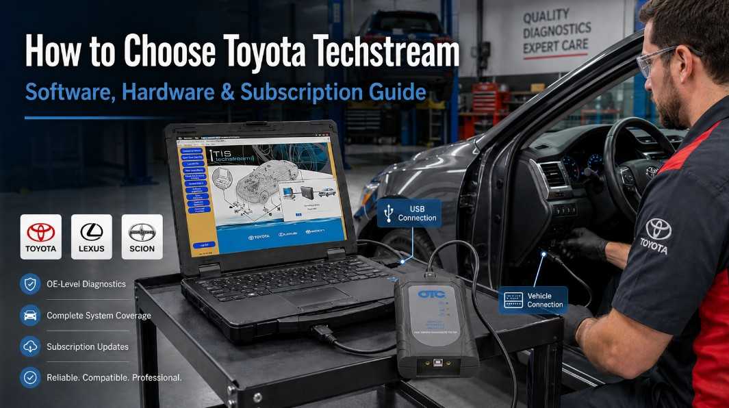 Technician using Toyota Techstream diagnostic software on a Toyota vehicle