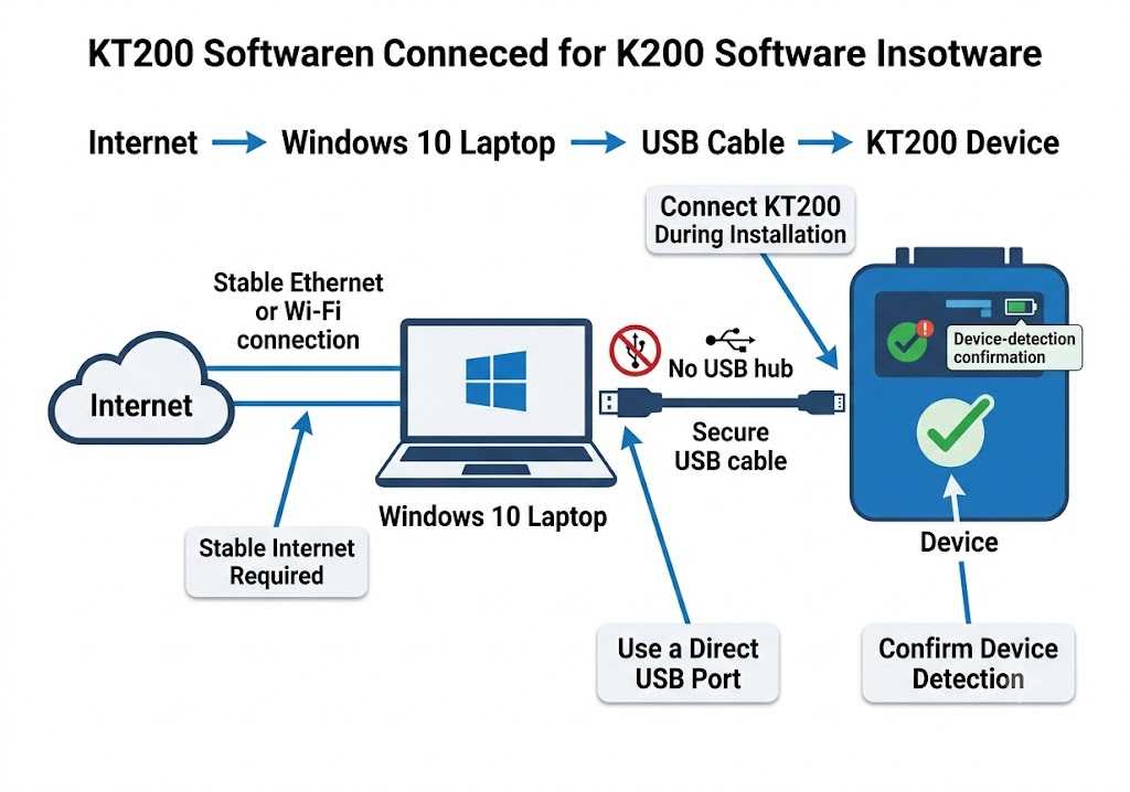KT200 software installation connection diagram showing internet laptop USB cable and KT200 device