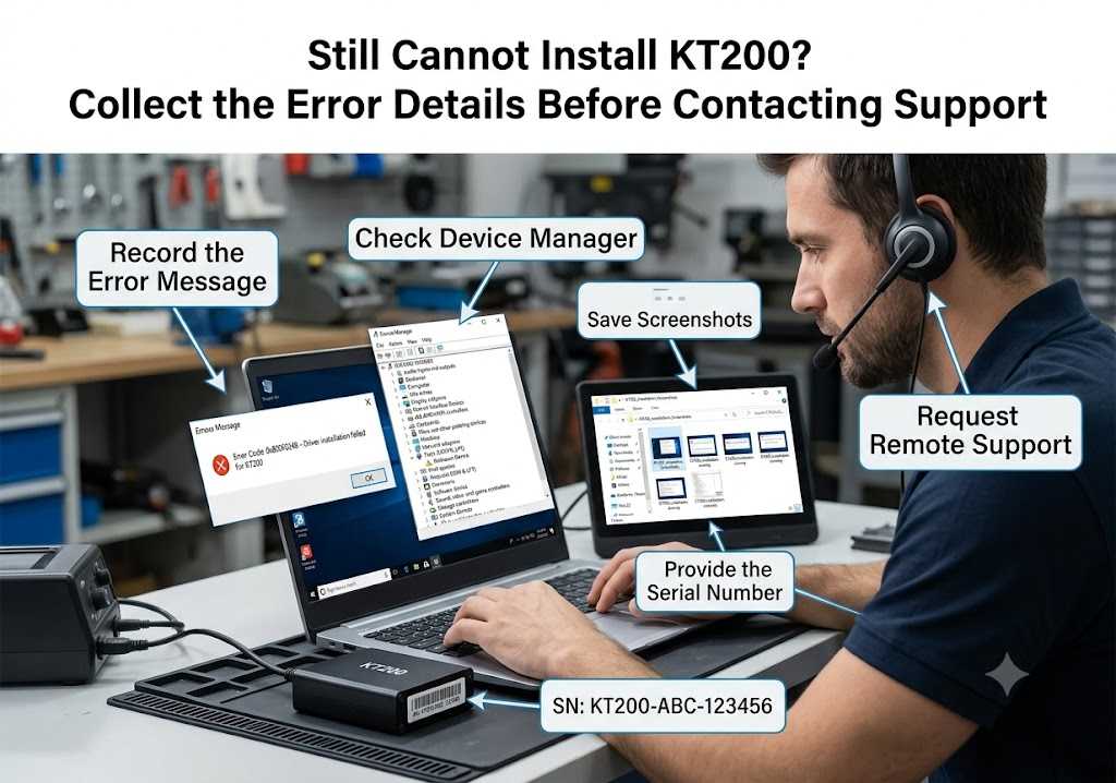 Technician collecting KT200 installation error details for remote technical support