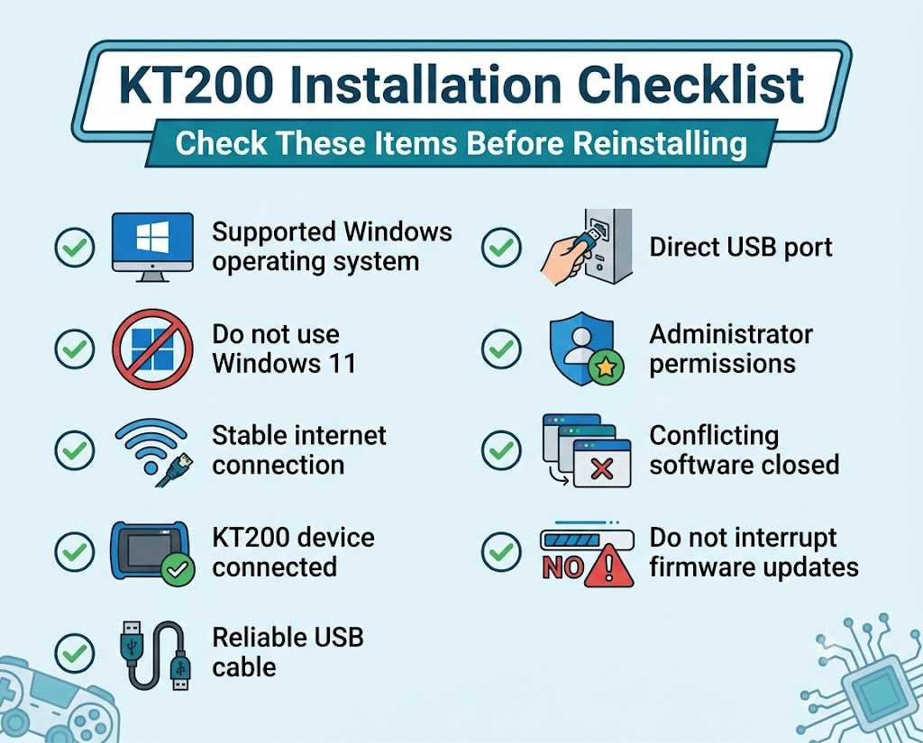KT200 software installation checklist for Windows compatibility internet and USB connection