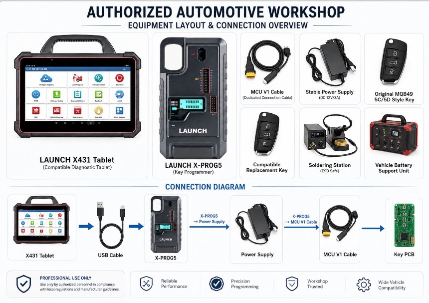 LAUNCH X-PROG5 MQB49 key programming tools and connection diagram