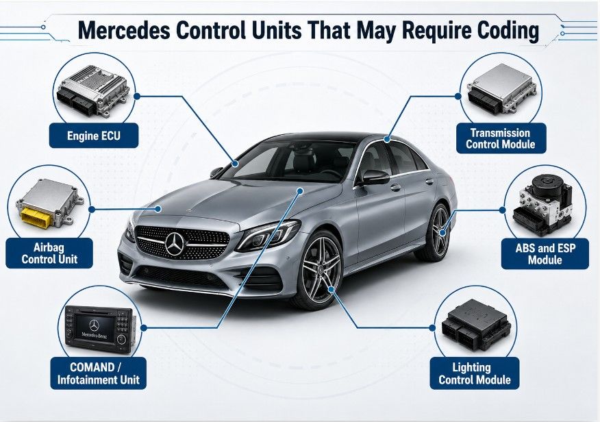 Mercedes engine, transmission, airbag, ABS and infotainment control units that may require SCN coding