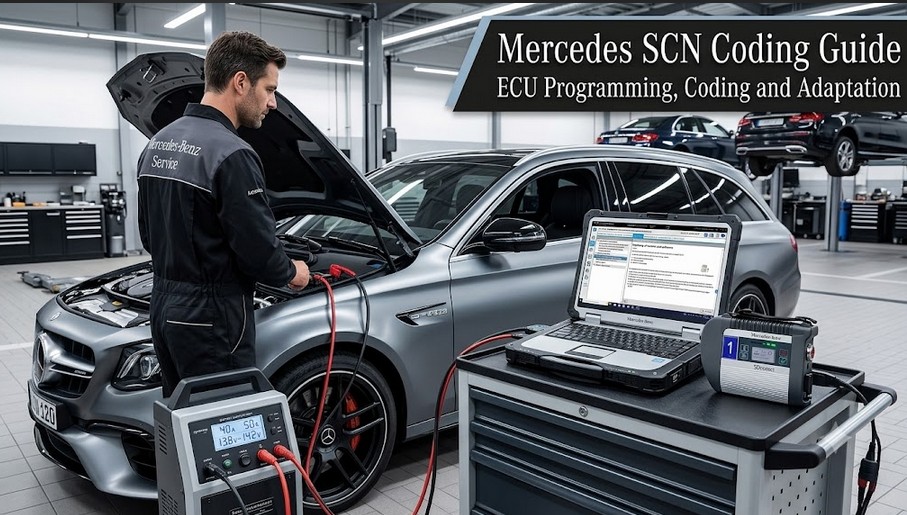 Technician performing Mercedes SCN coding with diagnostic software and an MB STAR interface