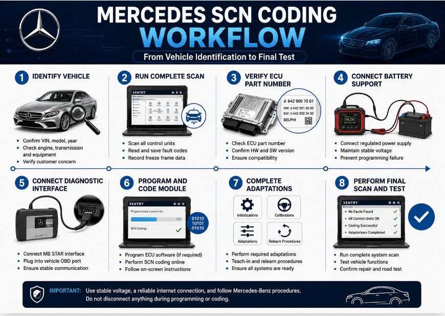 Eight-step Mercedes SCN coding workflow from vehicle identification to final testing