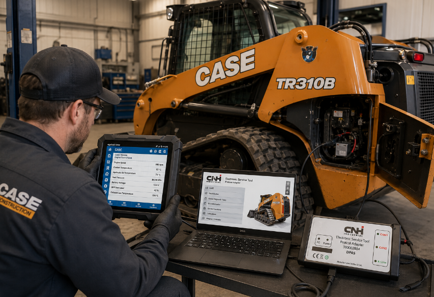 multi-brand off-highway diagnostic scanner reading CASE track loader fault codes