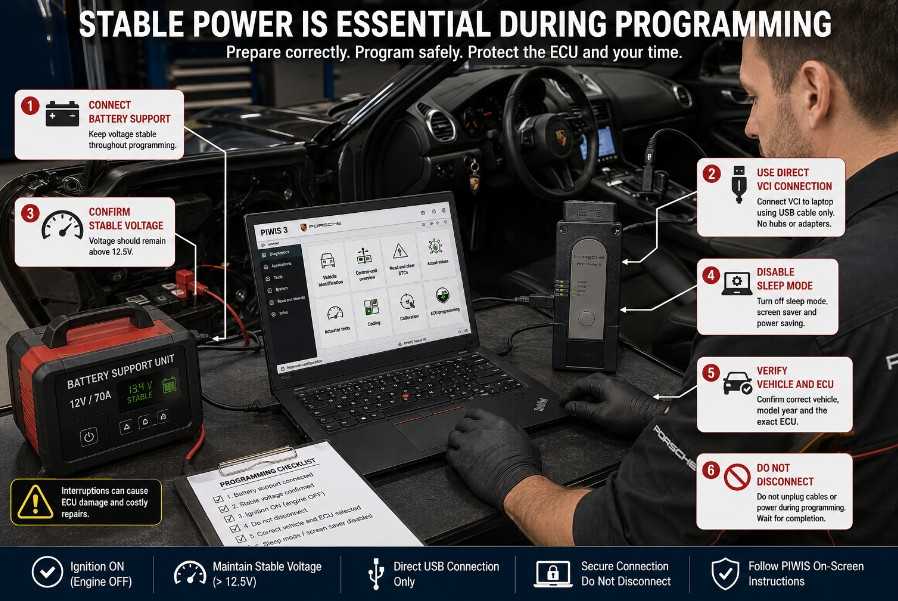 Porsche ECU programming with PIWIS 3 VCI laptop and battery support unit