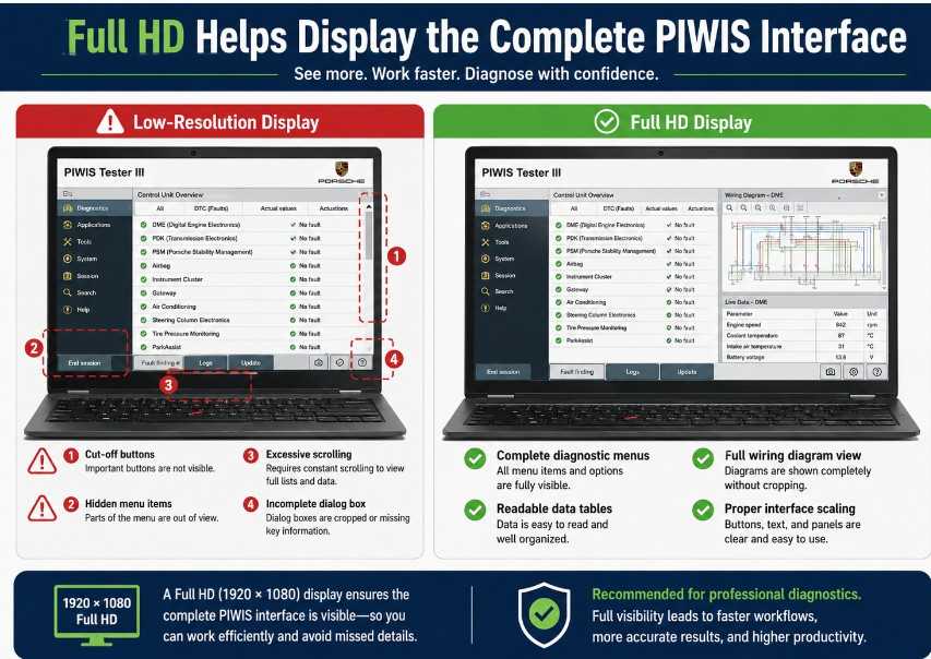 Comparison of low resolution and Full HD laptop displays for PIWIS 3