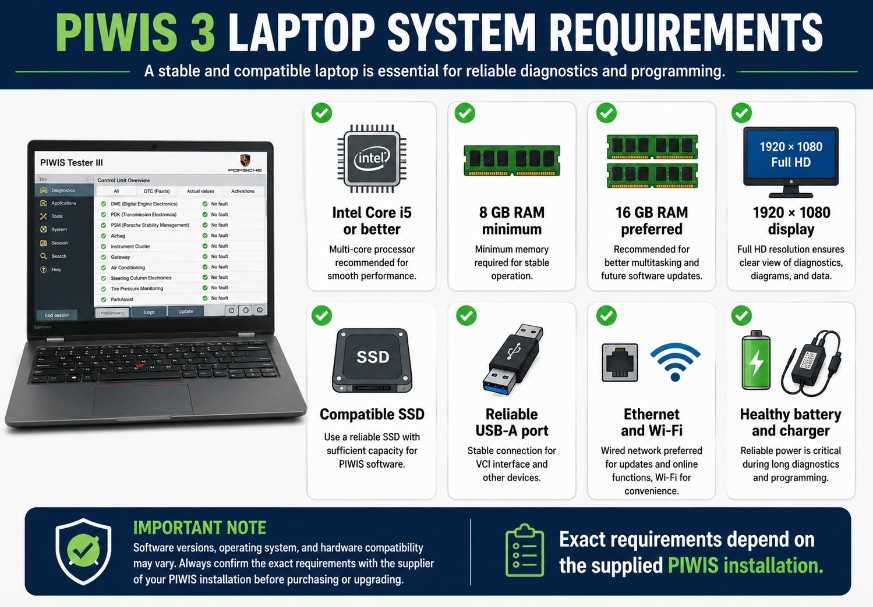 PIWIS 3 laptop requirements including processor RAM display SSD USB and network