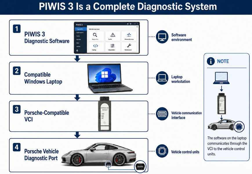 PIWIS 3 diagnostic software laptop VCI and Porsche vehicle connection diagram