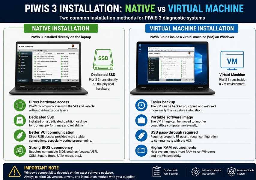Comparison of native PIWIS 3 installation and virtual machine installation