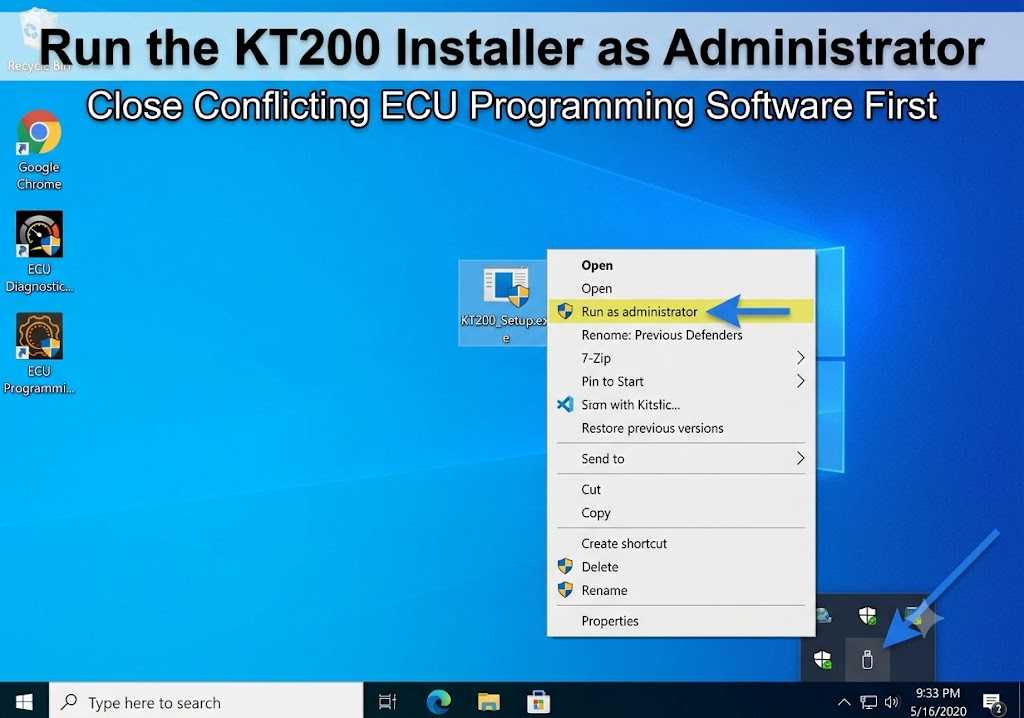 Running the KT200 software installer as an administrator on Windows 10