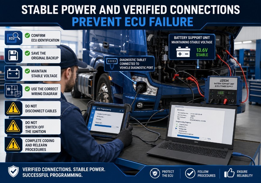 Safe heavy-duty truck ECU programming with stable battery support and secure connections