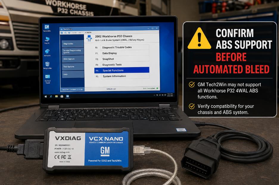 Tech2Win and VXDIAG GM compatibility note for Workhorse P32 ABS diagnosis