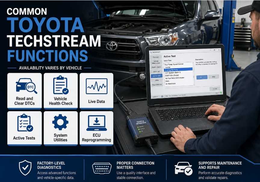 Toyota Techstream diagnostic functions including DTCs live data active tests and ECU programming