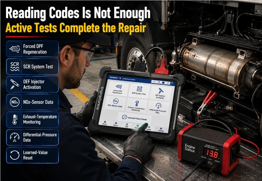 Technician performing DPF SCR and DEF active tests on a heavy-duty truck