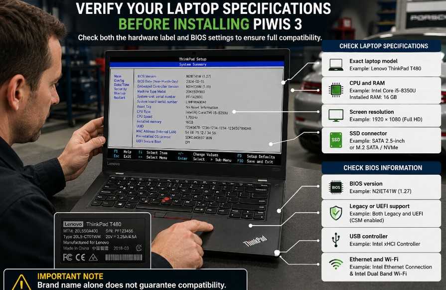 Technician checking laptop specifications and BIOS compatibility for PIWIS 3