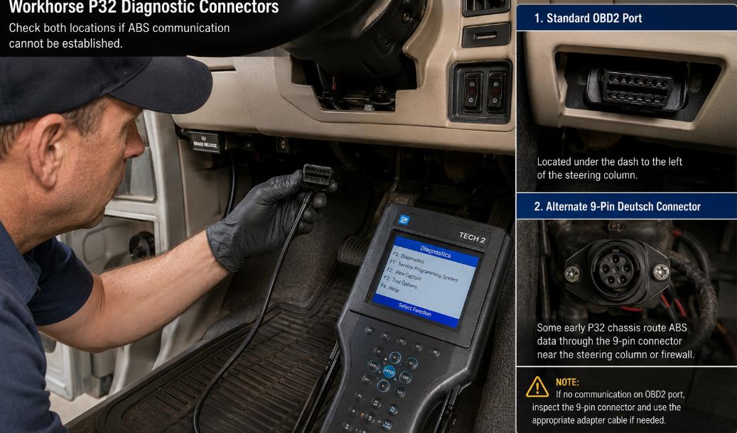 "Workhorse P32 RV diagnostic connector location under dash for ABS communicatio