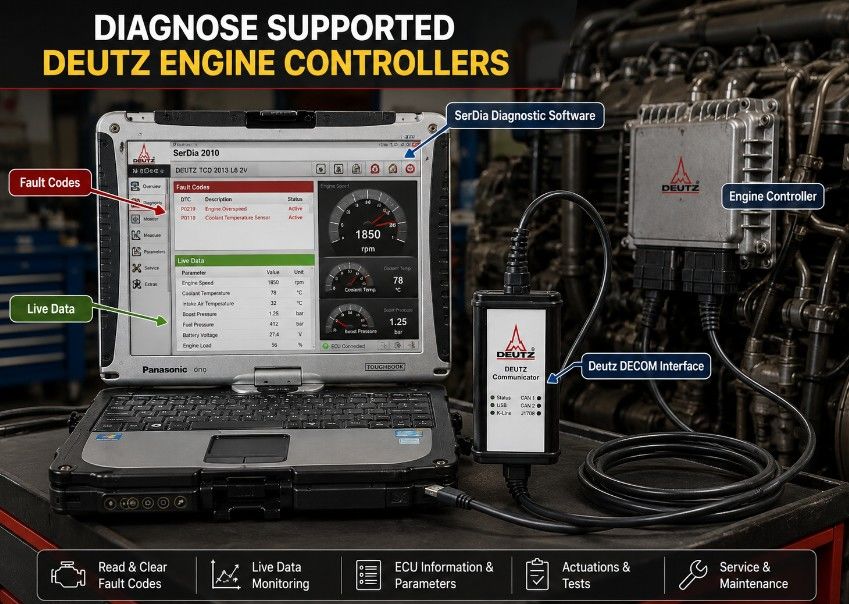 Deutz DECOM diagnostic interface connected to an engine using SerDia software