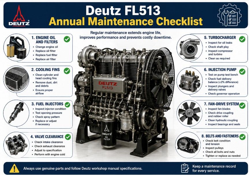 Annual preventive maintenance checklist for a Deutz FL513 diesel engine