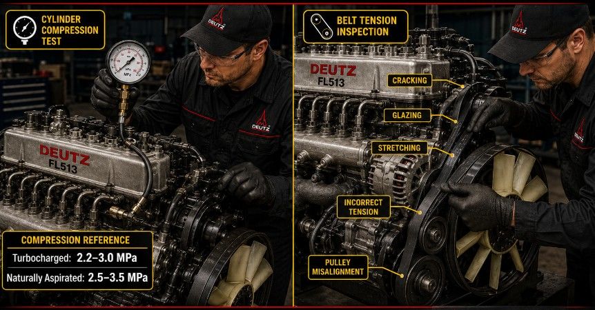 Checking Deutz FL513 cylinder compression pressure and drive-belt tension