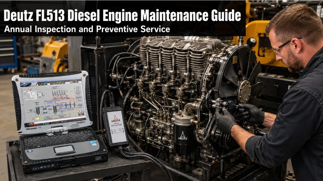 Technician performing annual preventive maintenance on a Deutz FL513 diesel engine